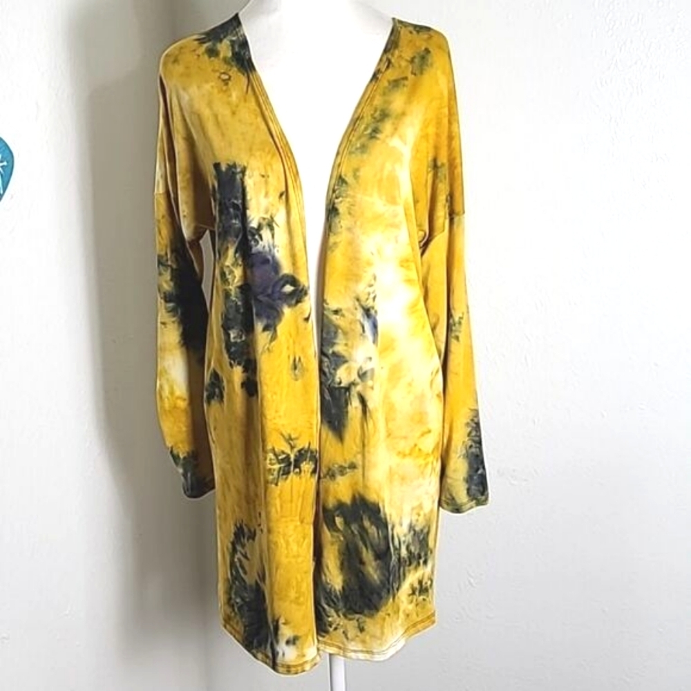 VIBE Gold, White & Navy Blue Tie-dye Long Cardigan, Size Medium